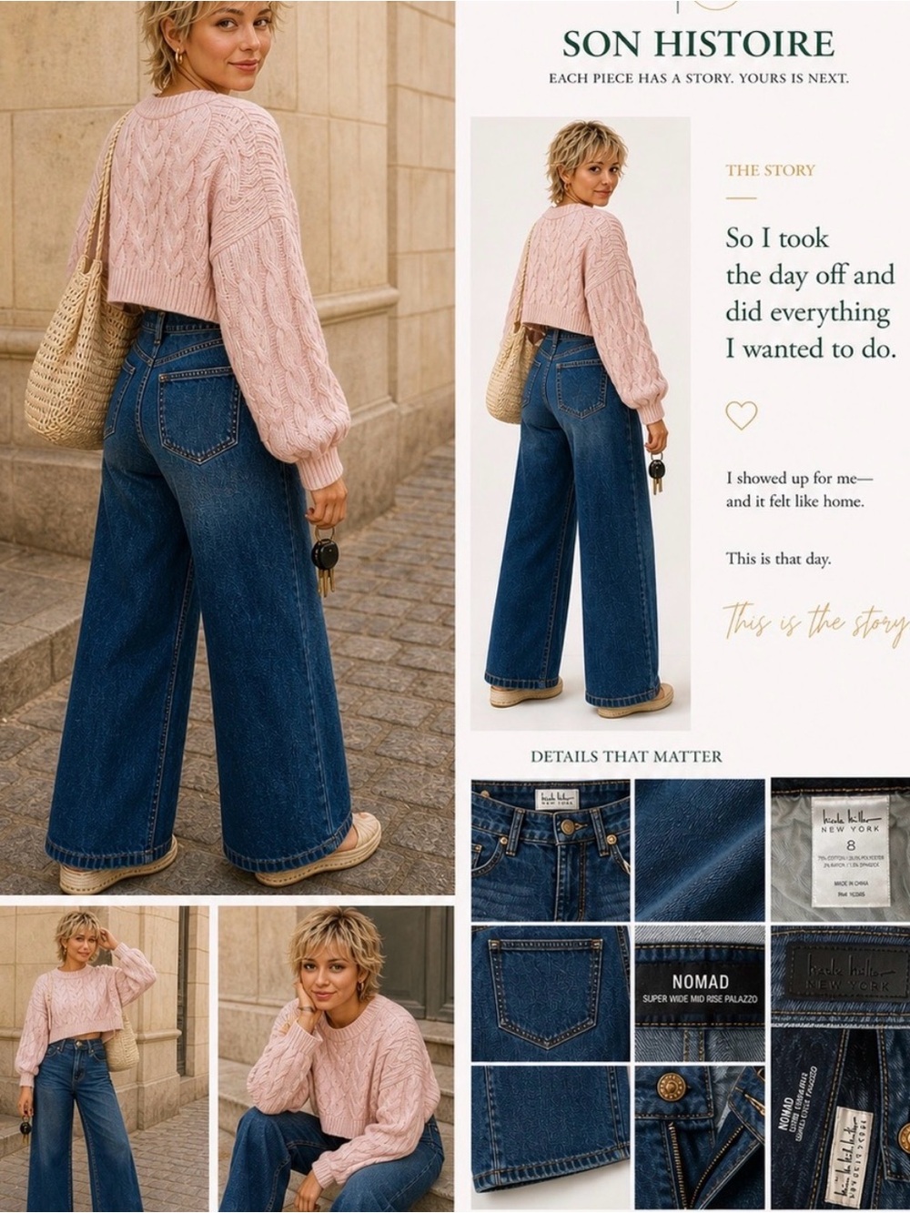 Nicole Miller Wide-Leg Jeans in Dark Blue Denim